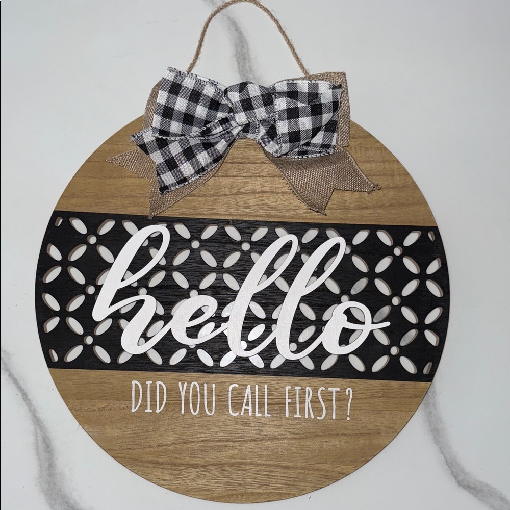 Huntington Home Tan and Black Circle Sign with Checkered Bow